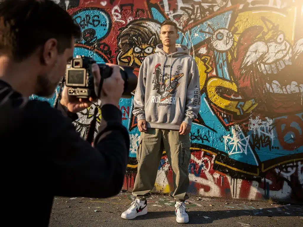 Photographer capturing streetwear model in front of graffiti, focusing on camera settings.
