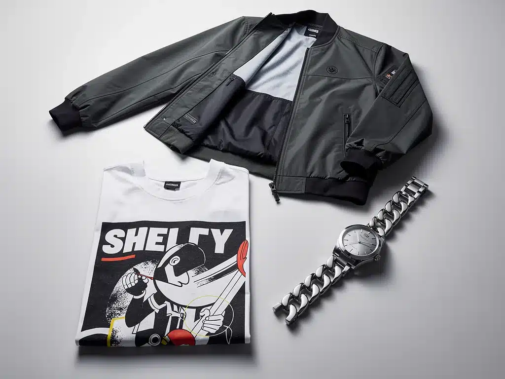 Collection of premium streetwear items, including graphic tee, accessory, and outerwear