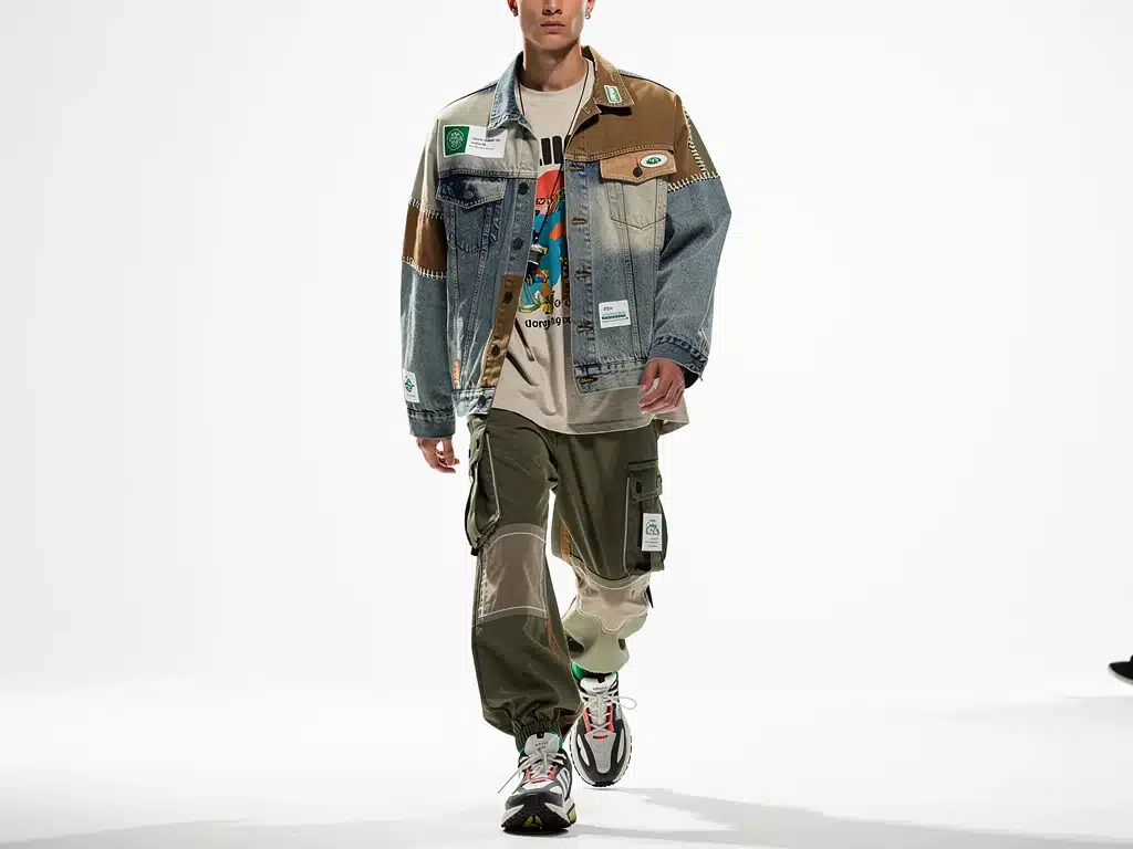Model showcasing an innovative sustainable streetwear outfit made from recycled materials in a studio