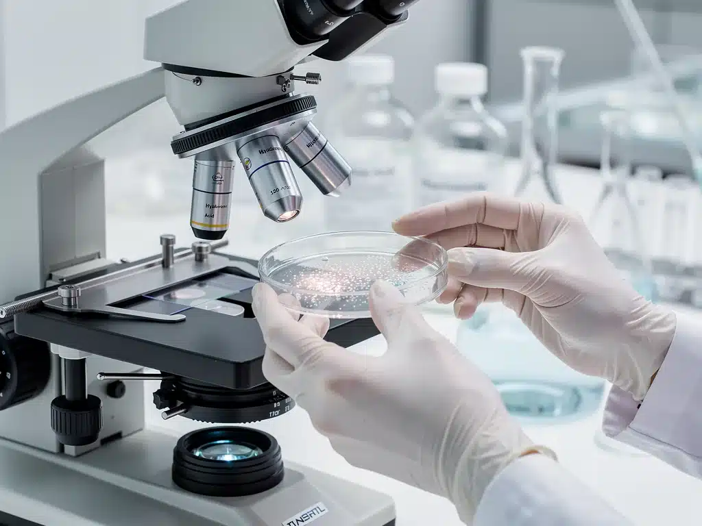 Scientist examining cosmetic formulation under microscope in a modern lab.
