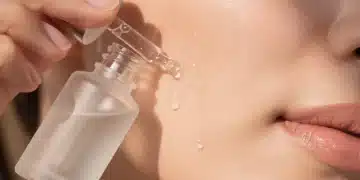 Person applying celebrity skincare serum to face, close-up.