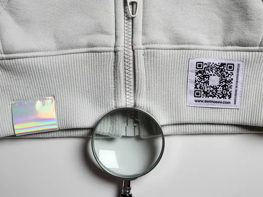 Close-up of authenticity markers: holographic tag, precise stitching, QR code on streetwear.