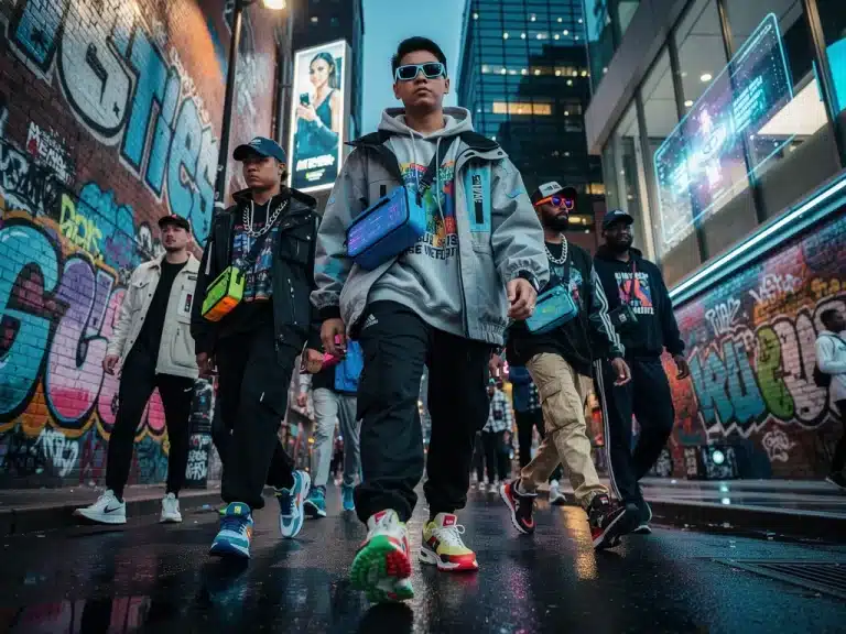 Diverse individuals in vibrant streetwear on urban street, showcasing limited edition fashion drops.