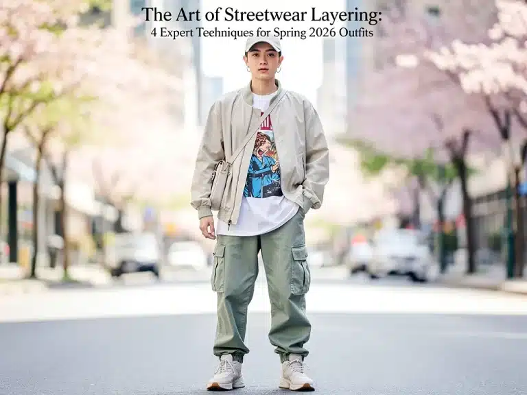 Stylish streetwear layering for spring 2026 featuring light jacket and graphic tee