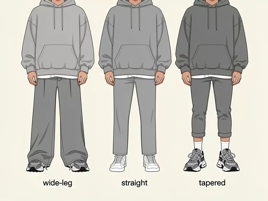Illustration of various streetwear pant cuts and their silhouette impact