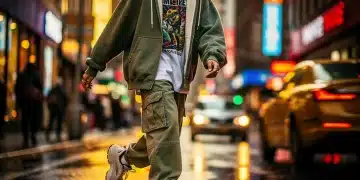Dynamic streetwear photography on a city street, showcasing a trendy outfit with urban style.