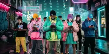 Young adults engaging with smartphones, anticipating 2026 streetwear releases on a digital calendar.