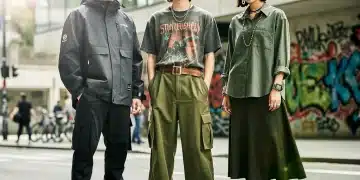 Diverse models display cutting-edge streetwear, oversized techwear, vintage tees, and gender-fluid styles in a vibrant urban landscape, embodying the 2026 fashion forecast.