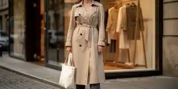 Woman wearing classic trench coat with sustainable tote bag, embodying timeless style and ethical fashion.