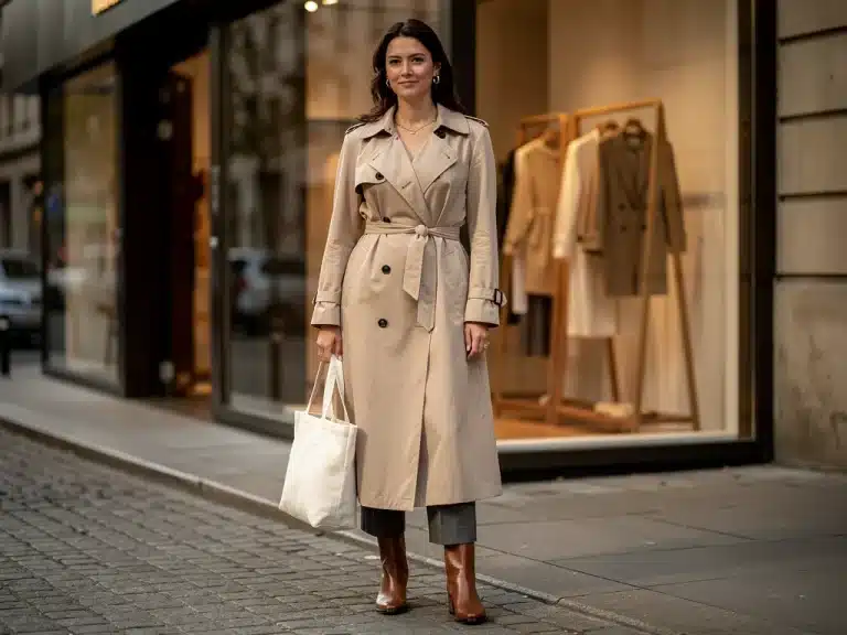 Woman wearing classic trench coat with sustainable tote bag, embodying timeless style and ethical fashion.