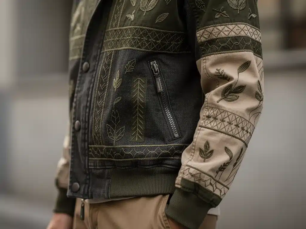 Close-up of a sustainably sourced, intricately embroidered streetwear jacket, emphasizing quality.