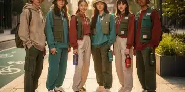 Diverse individuals in modern sustainable streetwear in an urban outdoor setting, highlighting eco-friendly fashion
