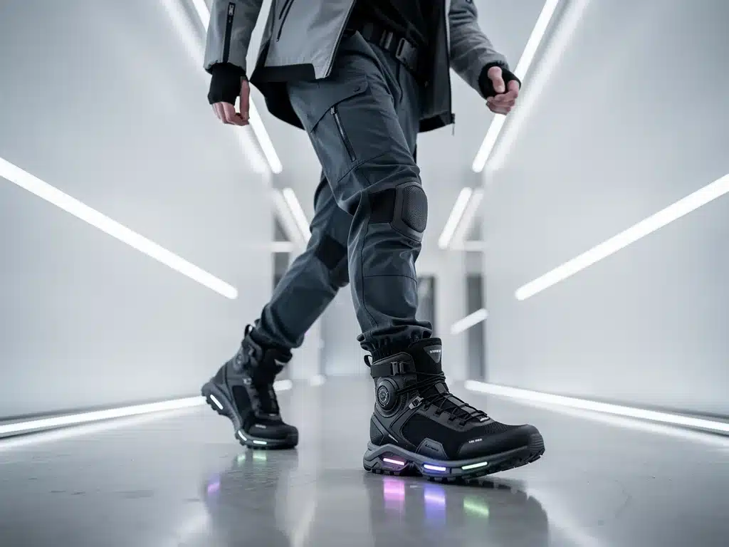Performance-inspired tech boots with glowing accents and ergonomic design worn by a model in a modern setting.