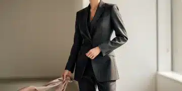 Woman in tailored wool suit and silk scarf, embodying timeless classic fashion.