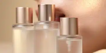 Three anti-aging serum bottles on a glowing skin background