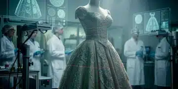Advanced technology scanning a vintage couture gown for preservation purposes.