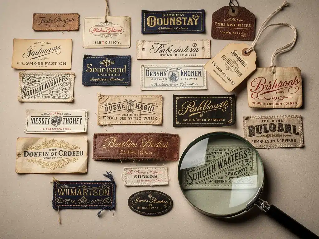 Collection of various authentic vintage fashion labels and tags