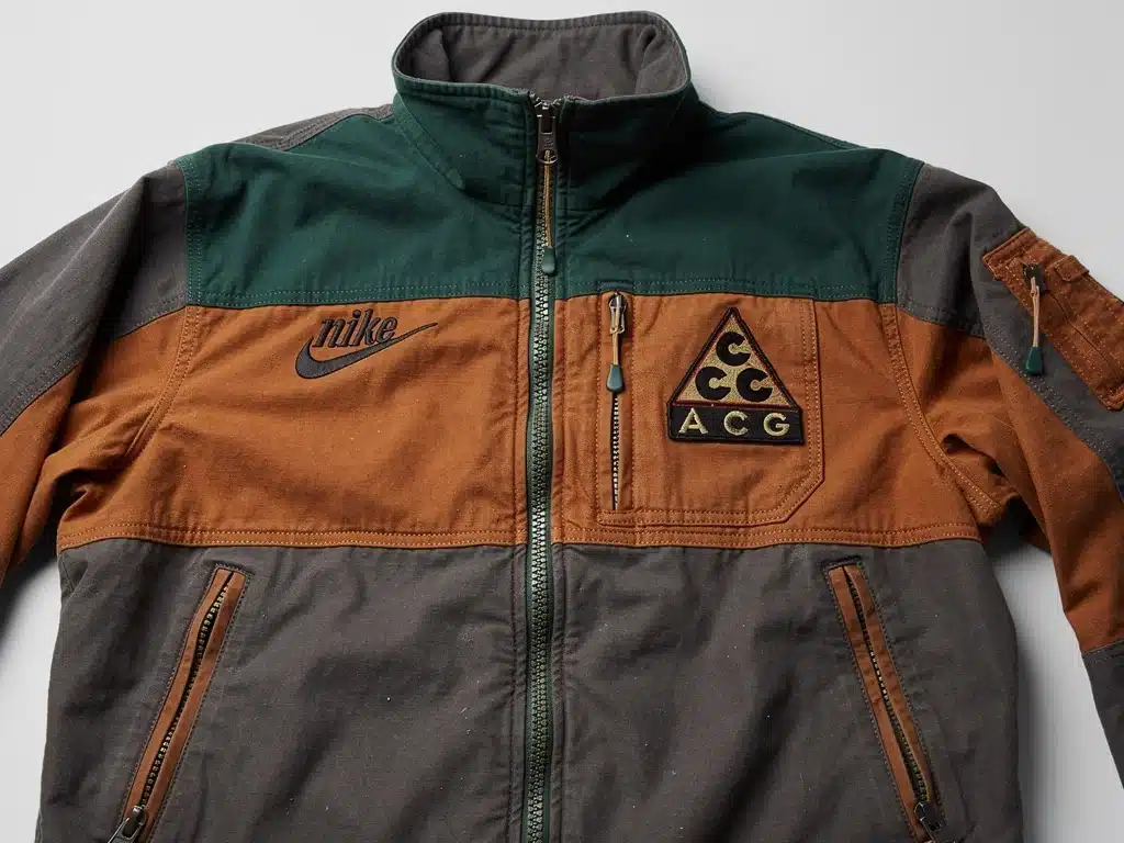 Close-up of vintage Nike ACG jacket, detailed embroidery