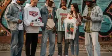 Diverse individuals wearing authentic vintage streetwear, urban backdrop