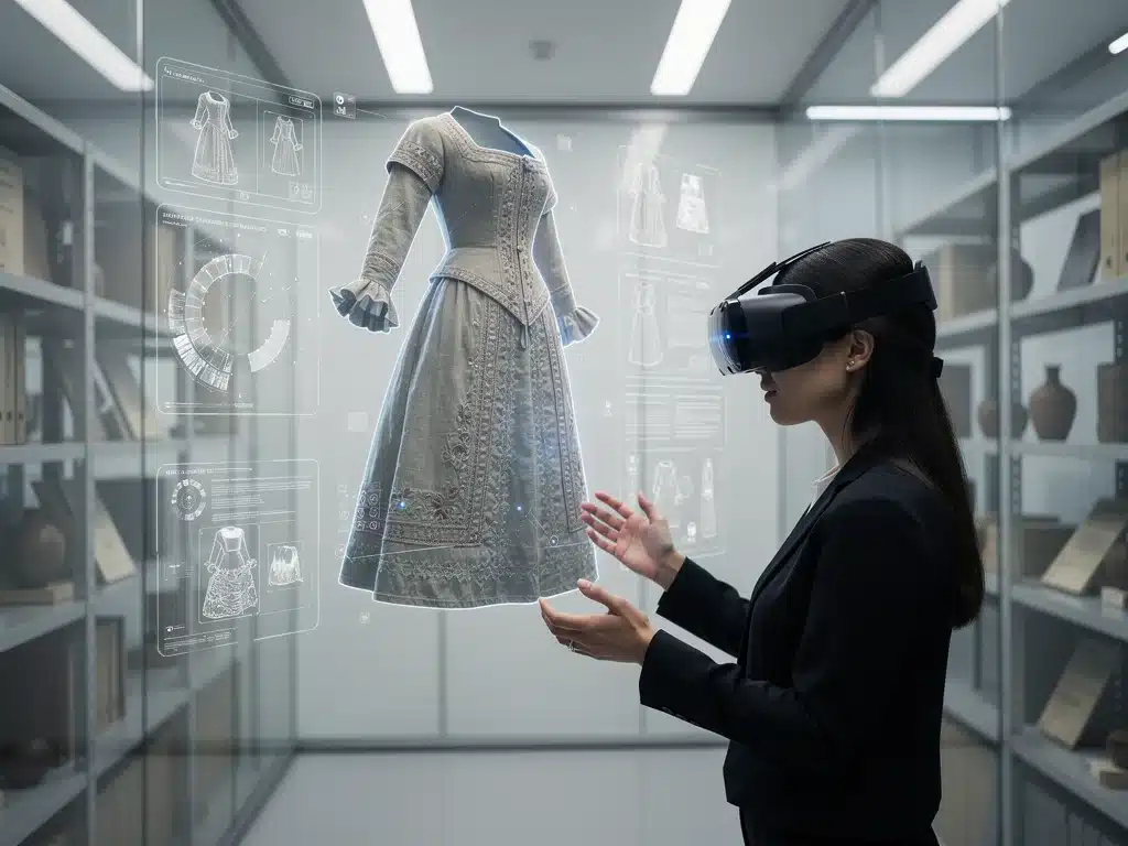 Virtual reality interface displaying a 3D model of a preserved historic garment.